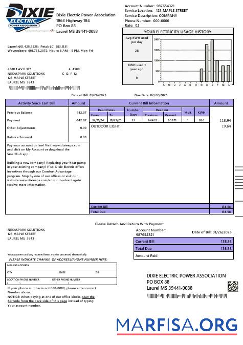 Realistic USA Mississipi Dixie Electric business utility bill template in Word and PDF formats
